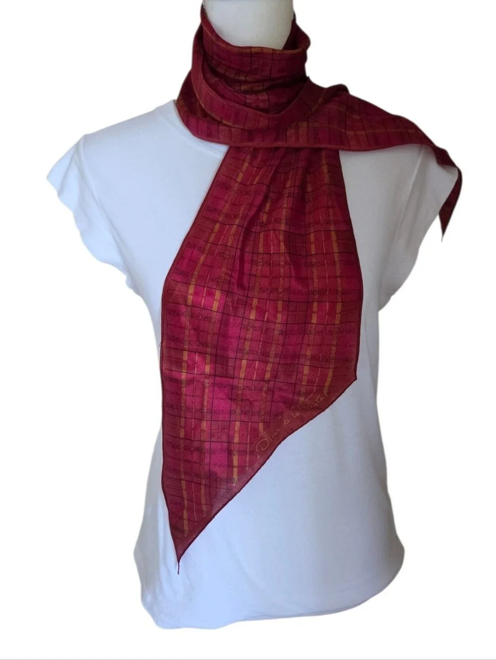 vintage oscar de la renta red plaid scarf sheer geometric stripe rectangle